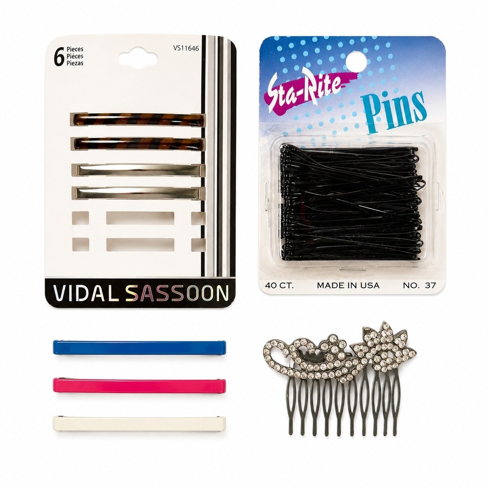 Vidal Sassoon Sta-Rite Vtg Hair Accessory Bundle Barrettes Pins Rhinestone Comb
